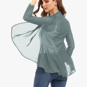 Sheer XXL Gray Open Front Flowy Soft Stretch Ruffle Chiffon Cardigan 3/4 Sleeve